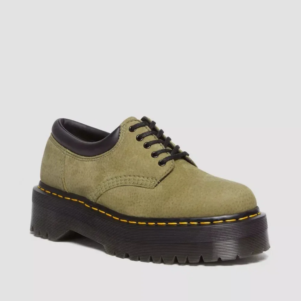 Dr. Martens 8053 Tumbled Nubuck Leather Platform Shoes in Muted Olive — Titan